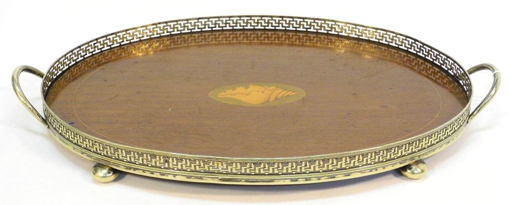 Edwardian mahogany oval tray with reticulated gallery,: Edwardian mahogany oval tray with reticulated gallery, 21" wide. -