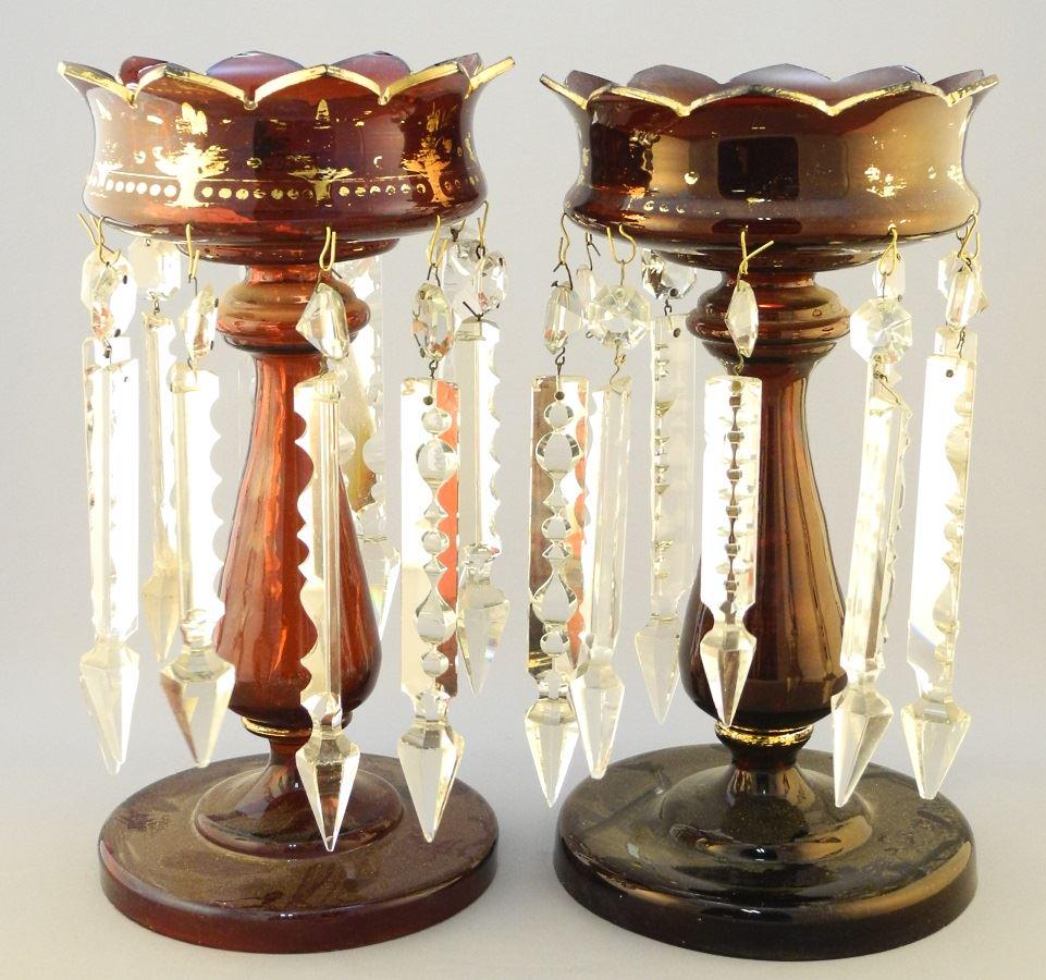 Pair of gilt ruby glass crystal lusters, 12 1/4 high, (1 of 1)