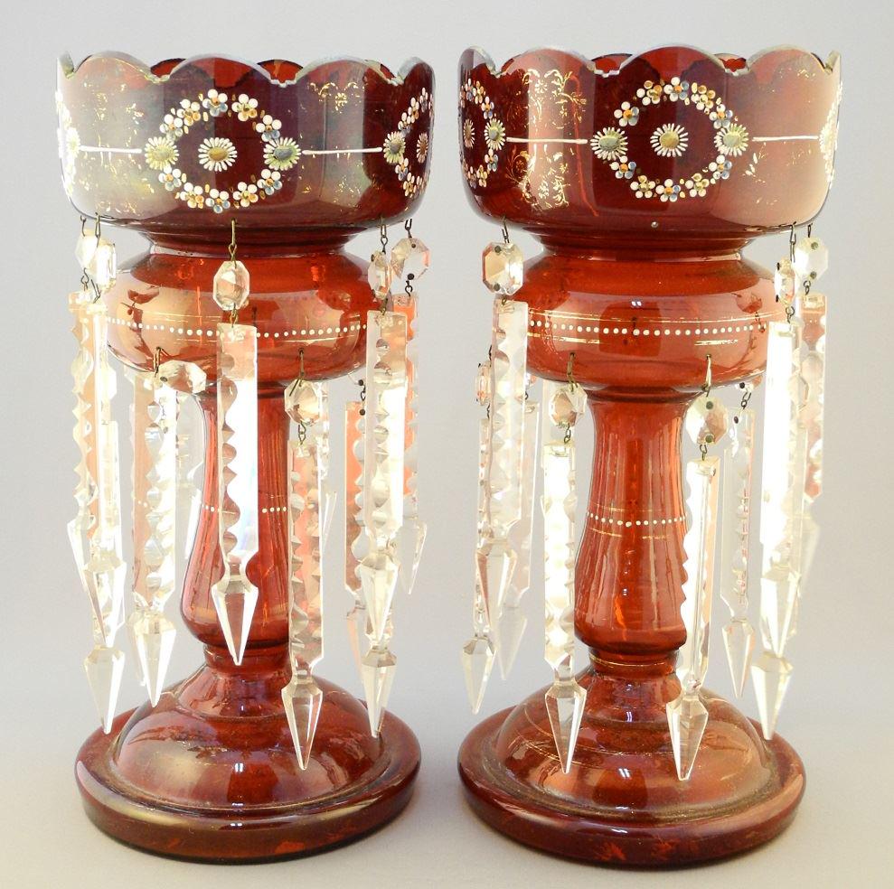 Pair of enameled ruby glass crystal lustres, 13 3/4" (1 of 1)