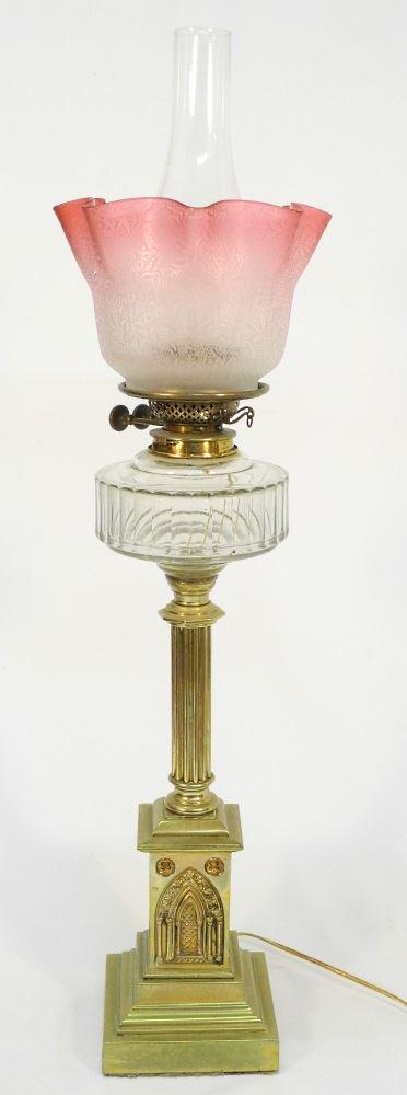 Young's Duplex Gothic brass & glass banquet lamp, now: Young's Duplex Gothic brass & glass banquet lamp, now electrified, 31 1/2".