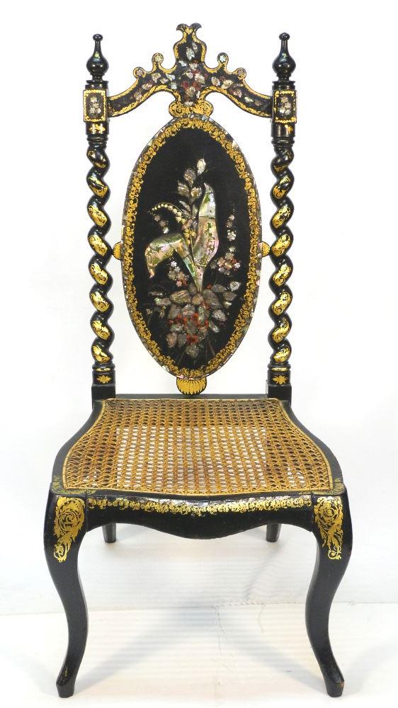 19th Century inlaid papier mache hall chair.: 19th Century inlaid papier mache hall chair.