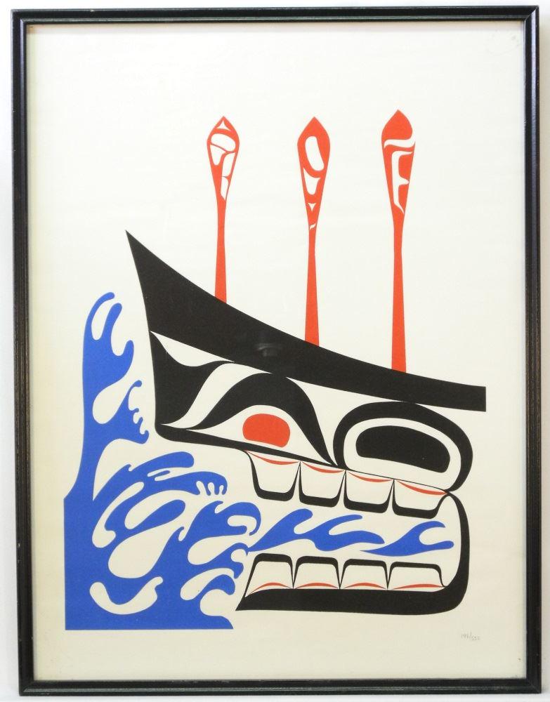 Nuu-chah-nulth serigraph #198/550, 24" x 18 1/2",: Nuu-chah-nulth serigraph #198/550, 24" x 18 1/2", "Canoe Design".