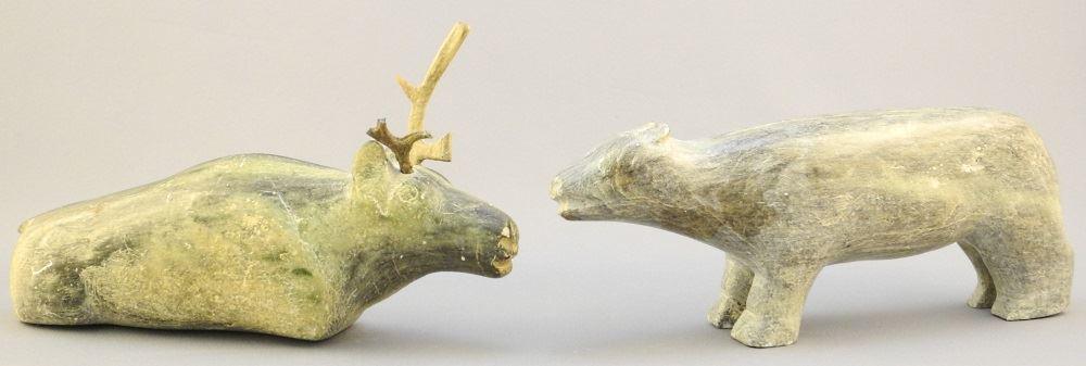 Two Inuit stone animals: Bear & Cariboo, signed with (1 of 7)