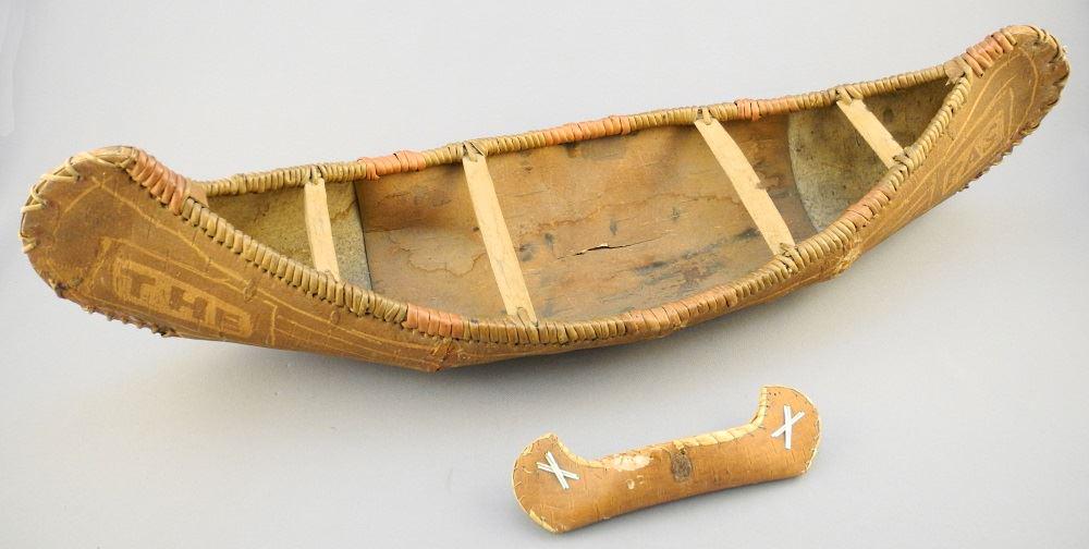 Old American birch bark canoe & tiny canoe, 18 3/4" (1 of 2)