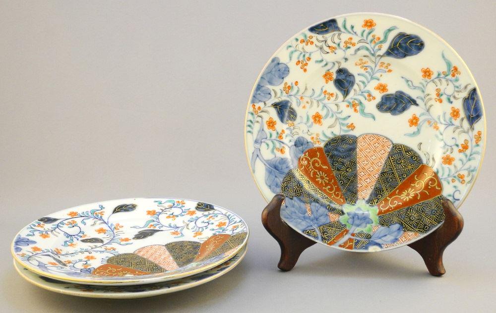 Three Japanese porcelain Imari dishes, 7 1/4" diameter, (1 of 8)