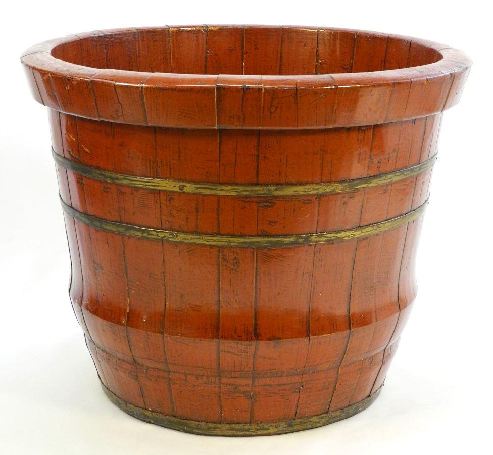 Chinese scarlet lacquer brass bound pale, 19 1/4" (1 of 3)