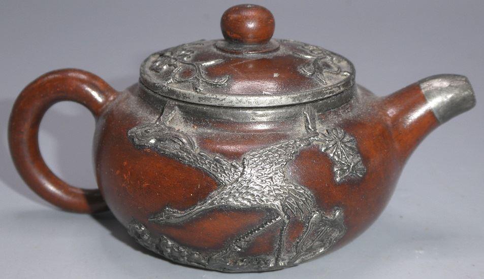 Metal overlay "Crane of Longevity" purple clay teapot, (1 of 5)