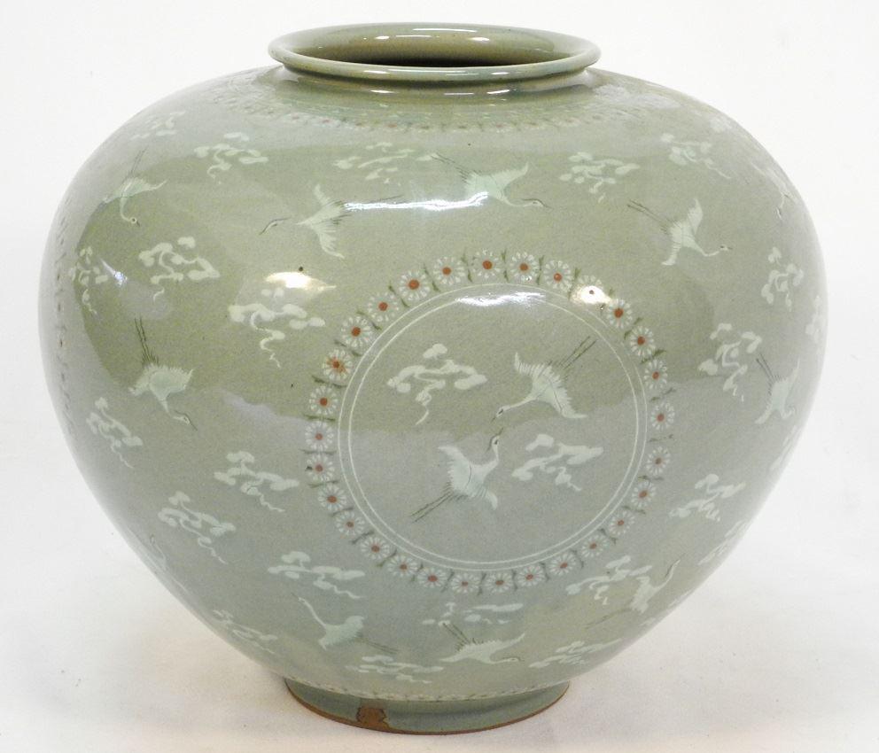 Korean inlaid celadon vase, base marked, 10 1/2" high. (1 of 3)