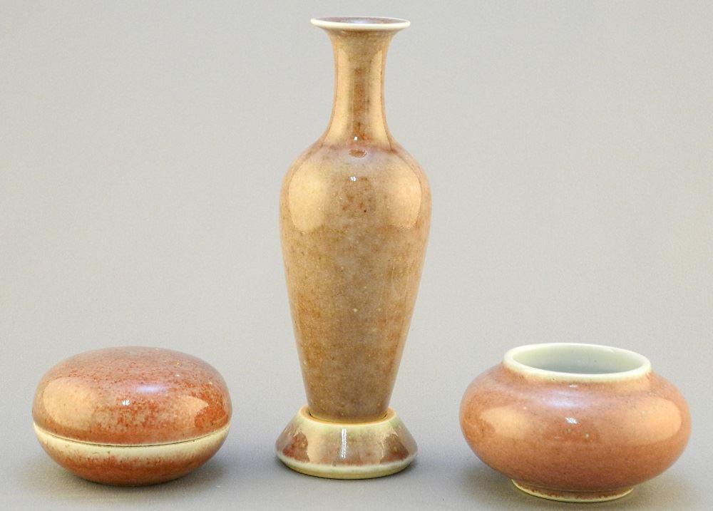 Three pieces of Chinese peach bloom porcelain, willow (1 of 6)