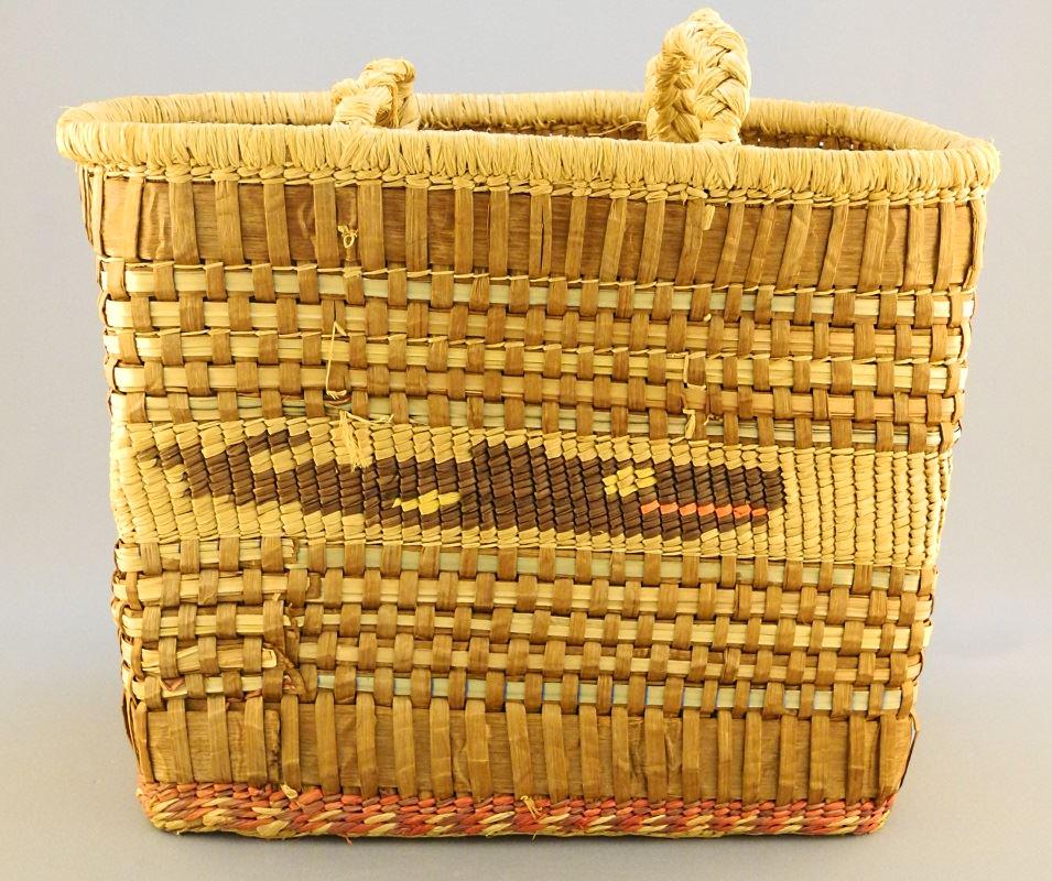 Nuu-chah-nulth Shopping Style Basket with Whaling: Nuu-chah-nulth Shopping Style Basket with Whaling Scenes, 12 1/4" wide.