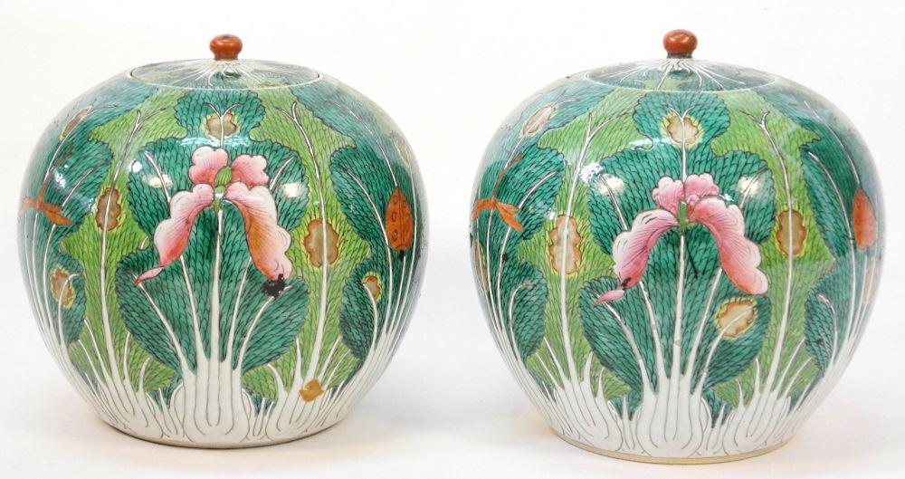 Pair of Chinese cabbage leaf covered vases, 8 1/4" (1 of 9)
