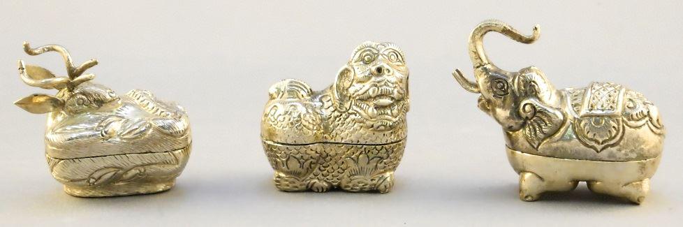 Three small Burmese silver betel nut boxes: deer/ (1 of 7)