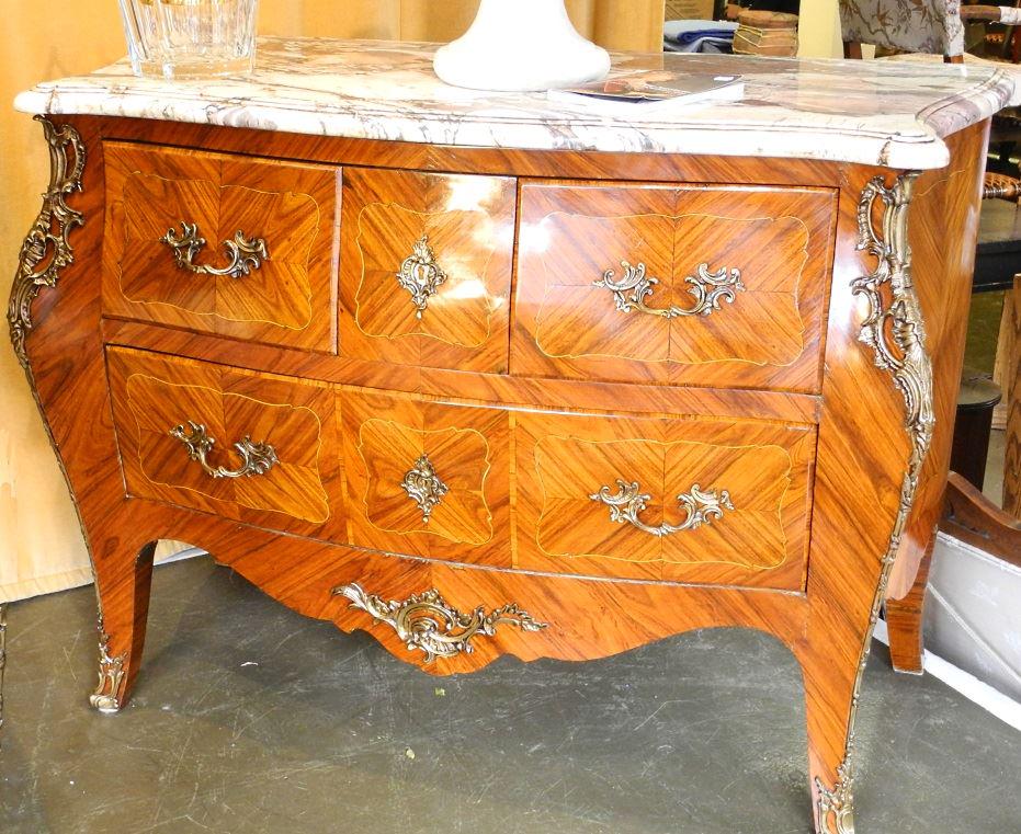 Louis XV style marquetry Bombe chest, 45" wide. (1 of 10)