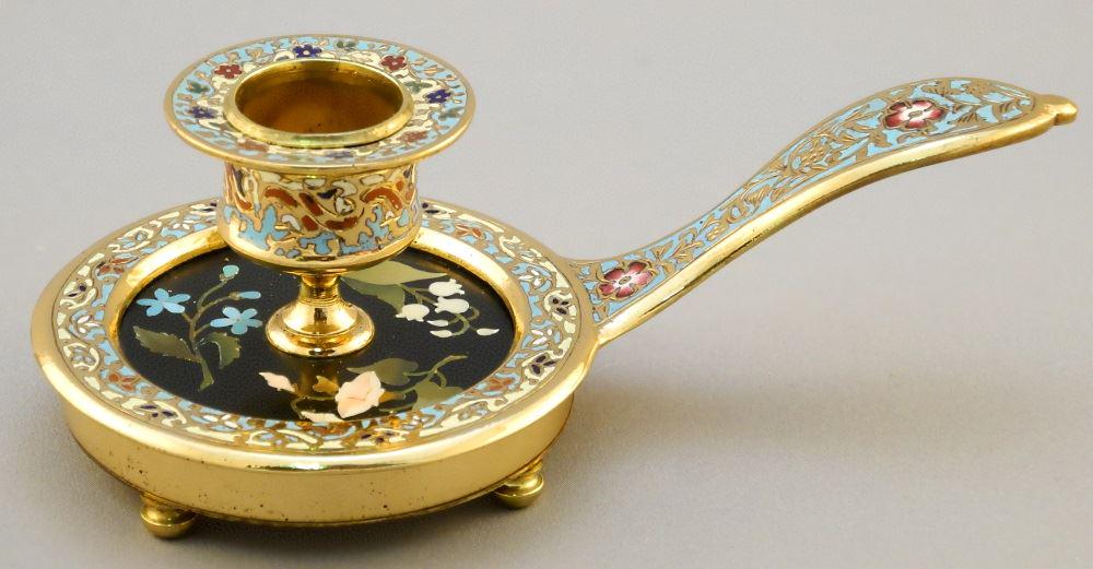Champleve and pietra dura chamber candlestick, 6" (1 of 10)