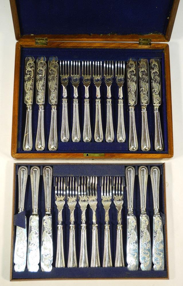 Cased set of 12 silver plated fish knives & forks, 19th (1 of 6)