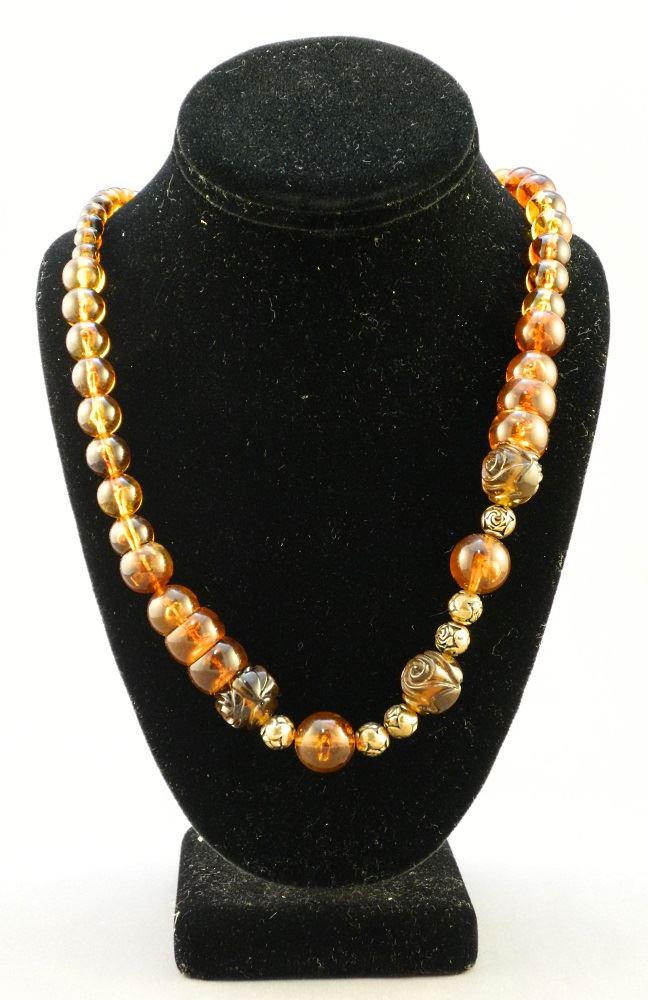 Chinese amber necklace with carved beads, 24". (1 of 2)