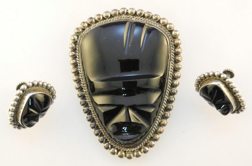 Mexican Obsidian & silver Brooch & Earrings, Brooch: Mexican Obsidian & silver Brooch & Earrings, Brooch marked Mexican Silver.