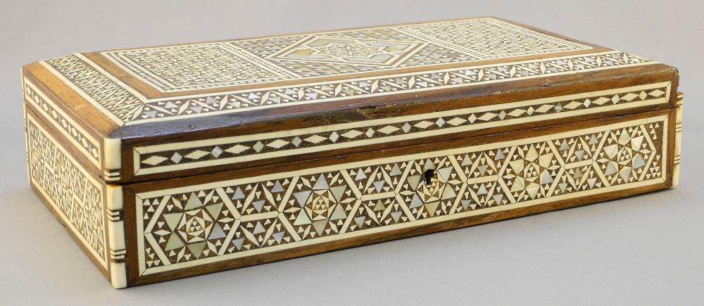 Syrian Mother of Pearl & carved wooden box, 10" wide, (1 of 6)
