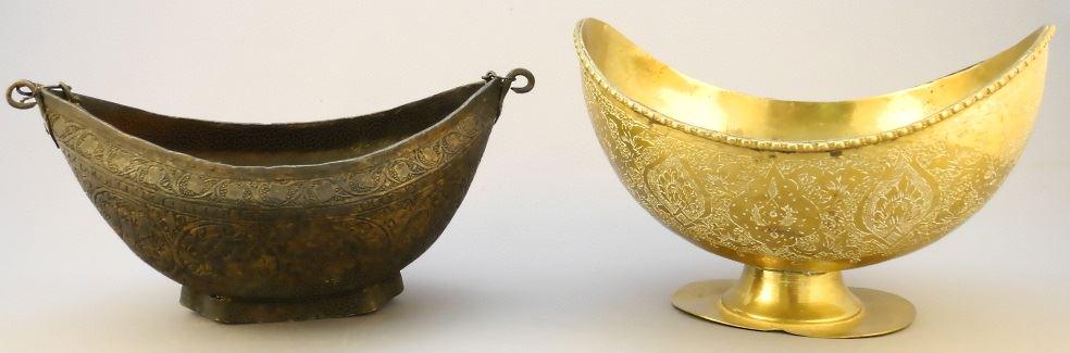 Persian copper alloy Kashkul, 8 3/4" W. & a Brass hand (1 of 2)