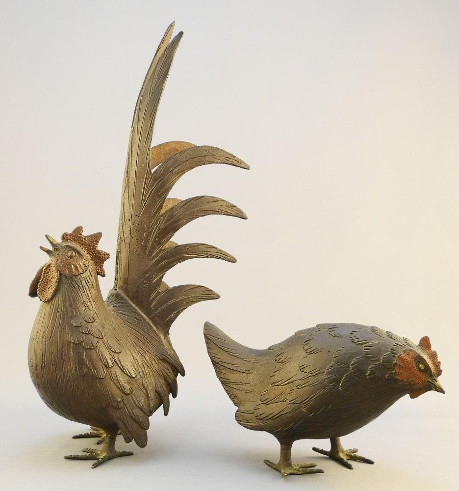 Copper Alloy Cock & Hen Figures, 12 1/4" high. (1 of 2)