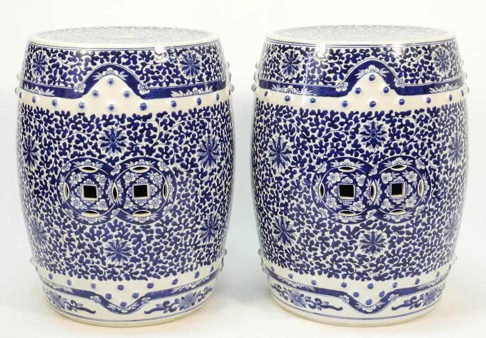 Pair of Chinese blue & white porcelain garden seats, 14: Pair of Chinese blue & white porcelain garden seats, 14 1/2" high.
