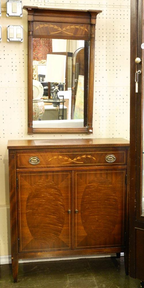 Inlaid Mahogany Credenza with Mirror, 34 1/4" high.: Inlaid Mahogany Credenza with Mirror, 34 1/4" high.