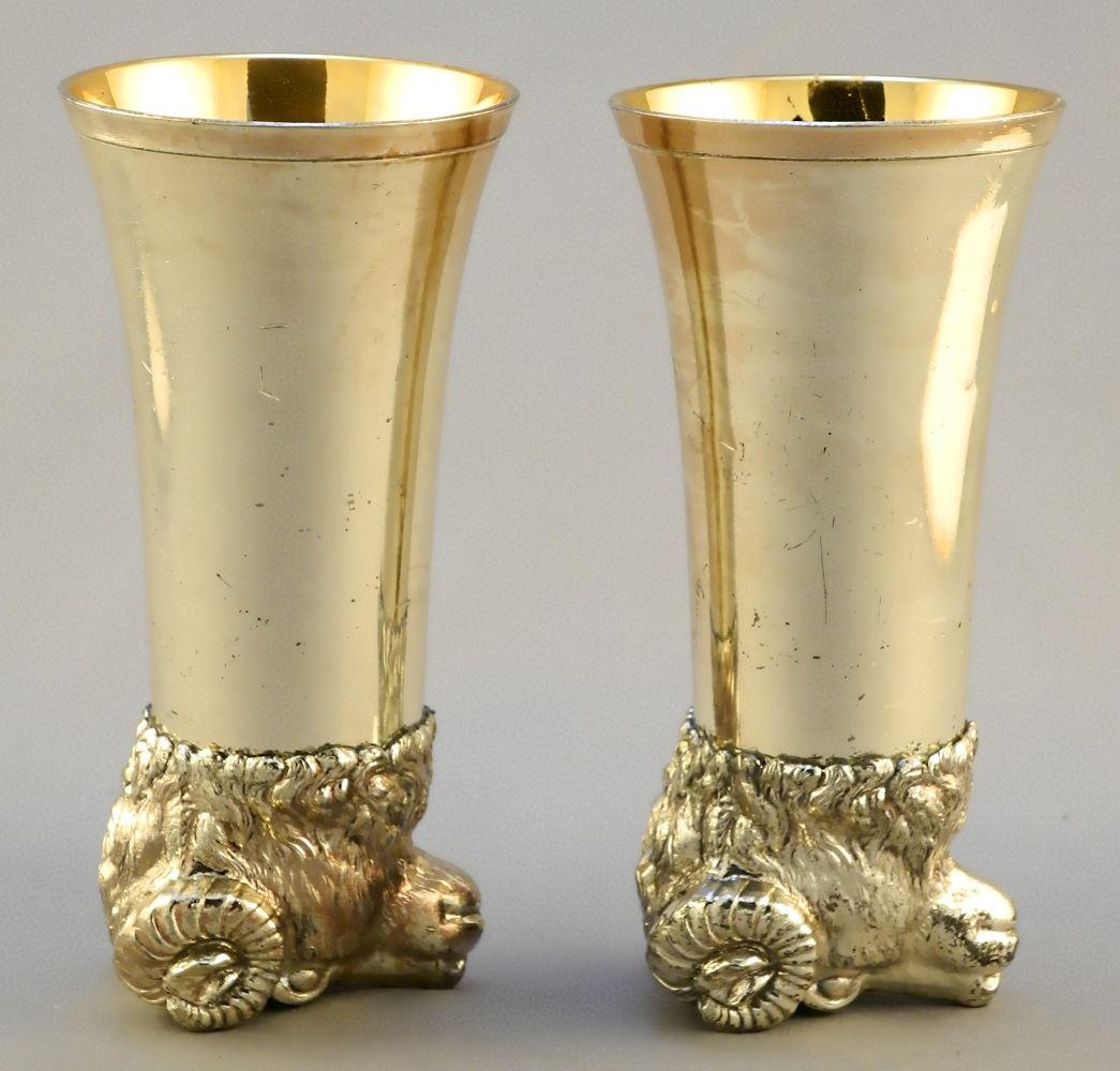 Pair of silver plate Ram's Heads stirrup cups, 6" high. (1 of 5)
