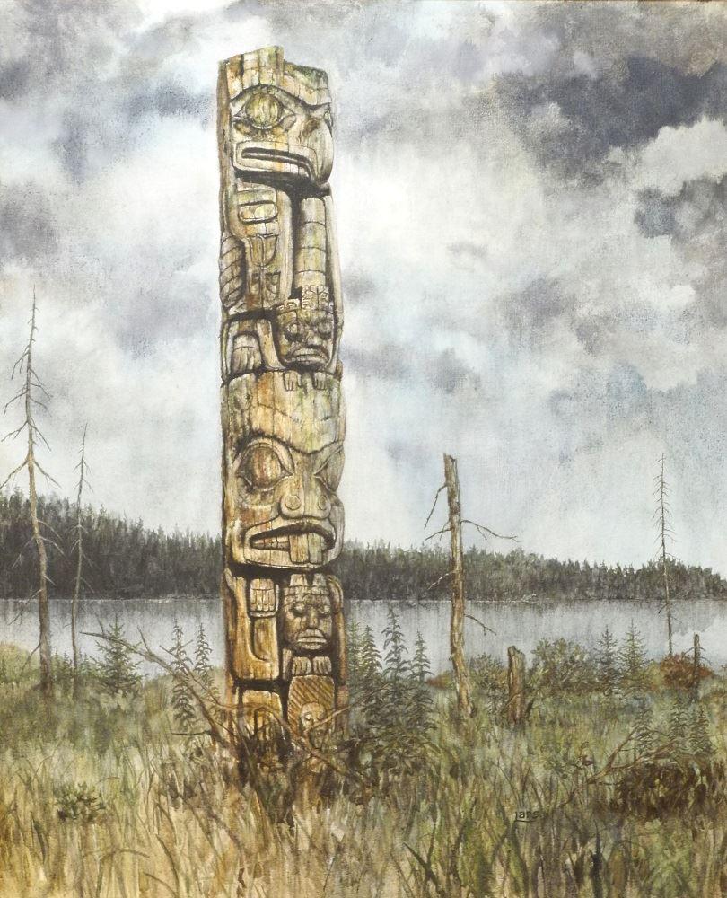 Oil on canvas signed Lars, 35" x 29 1/2", "Haida Totem (1 of 5)