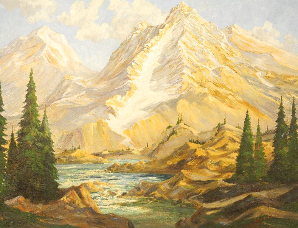 Oil on Board signed Robert Wood, 23 1/4" x 29 1/2",: Oil on Board signed Robert Wood, 23 1/4" x 29 1/2", "Canadian Rockies"