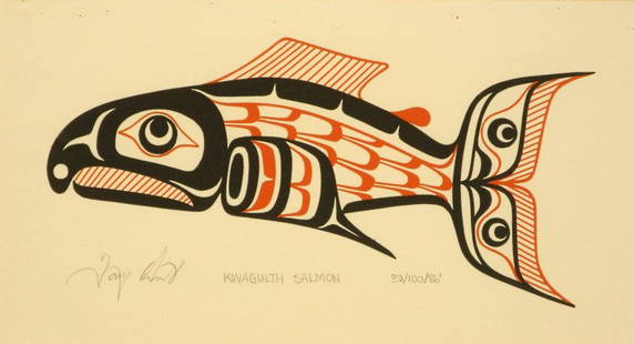 Serigraph signed Tony Hunt, #32/100, 5 1/8" x 9: Serigraph signed Tony Hunt, #32/100, 5 1/8" x 9 1/2","Kwagulth Salmon".