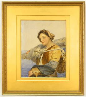 Watercolour signed John Absolon 1887, 11 3/4" x 9 1/4",: Watercolour signed John Absolon 1887, 11 3/4" x 9 1/4", "Fish Girl Portelle".