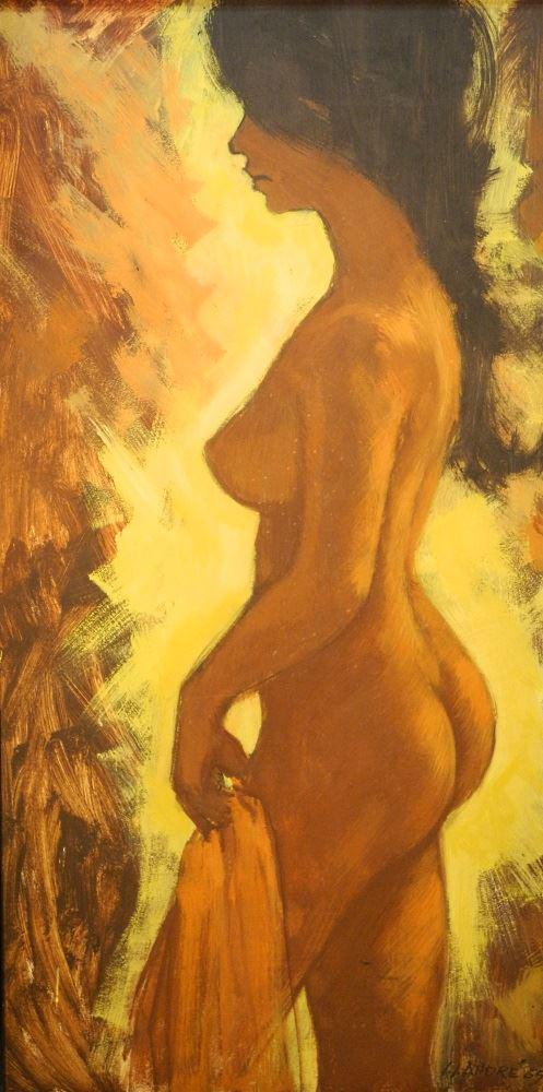 Acrylic on masonite signed I.I. Andre '65, 47" x 23",: Acrylic on masonite signed I.I. Andre '65, 47" x 23", "Nude Brunette".
