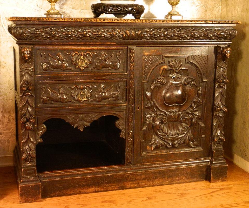 19th century heavily carved oak server with cupboard (1 of 9)