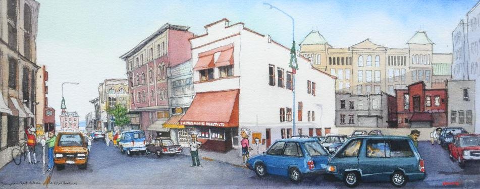 Watercolour signed Amos (Robert), 12" x 30", "Broughton: Watercolour signed Amos (Robert), 12" x 30", "Broughton St. - Victoria".