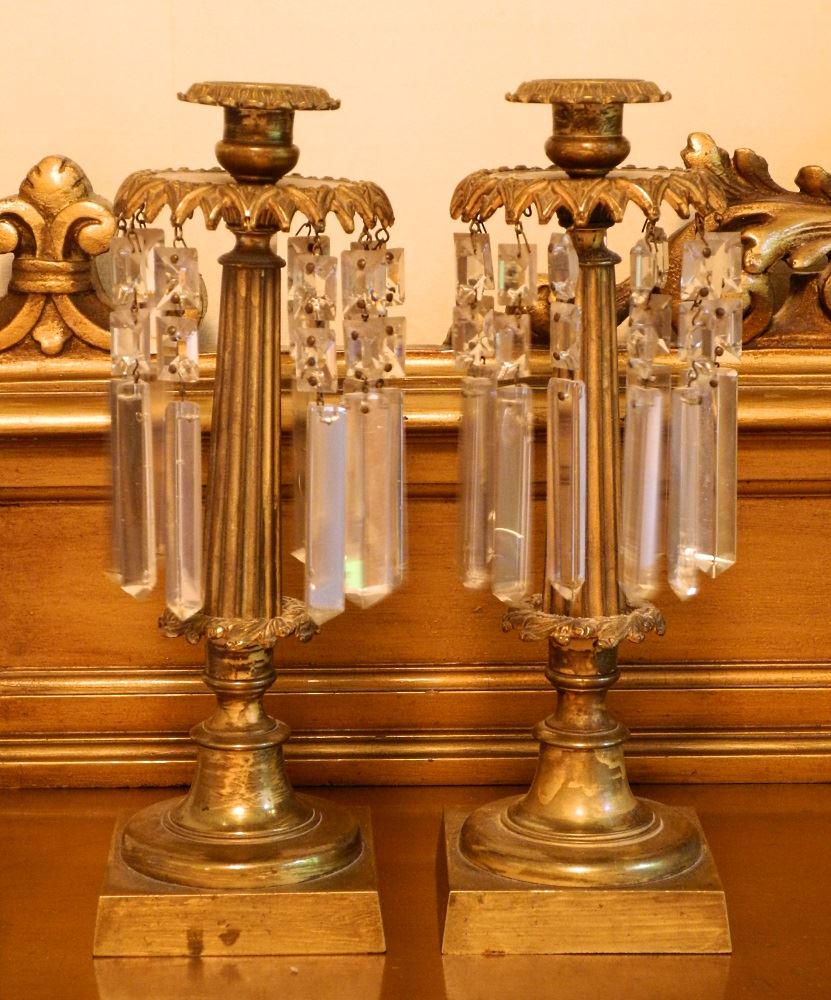 Pair of French brass candlestick lusters, 11 1/2". (1 of 3)
