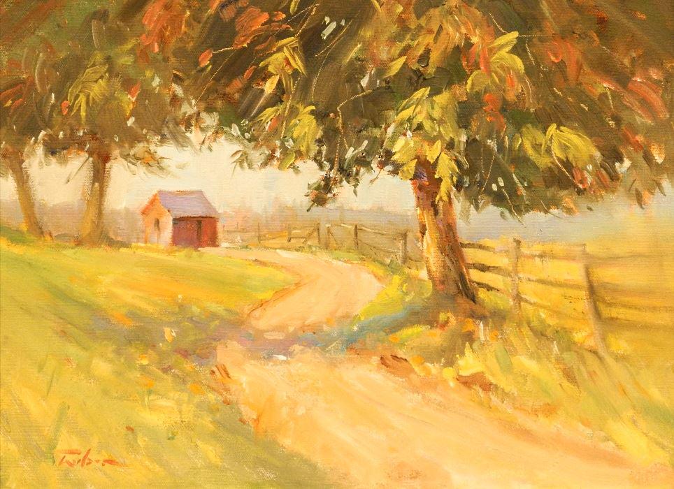 Oil on board signed R. (Ron) Wilson, 12" x 16", "Farm: Oil on board signed R. (Ron) Wilson, 12" x 16", "Farm Path".