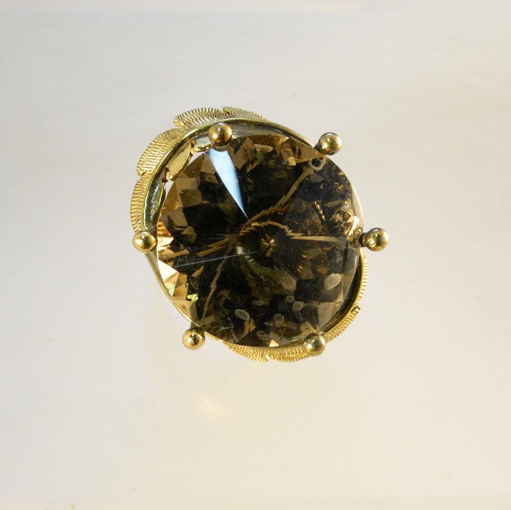 14K gold floral decorated claw set smokey quartz ring. (1 of 8)