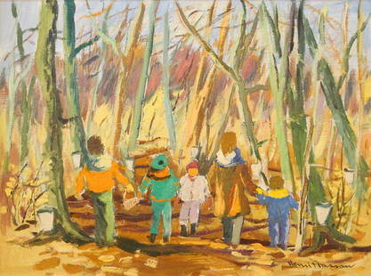 Oil on canvas signed Henri Masson, 18" x 24",: Oil on canvas signed Henri Masson, 18" x 24", "Sugarbush in April".