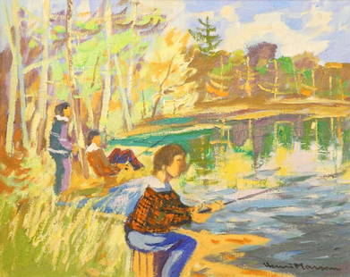 Oil on canvas signed Henri Masson, 16" x 20", "Fishing: Oil on canvas signed Henri Masson, 16" x 20", "Fishing in the Spring".