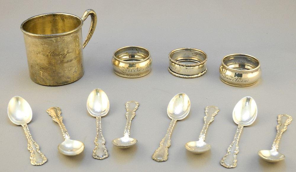 Sterling silver Christening mug, 3 napkin rings and 8 (1 of 6)