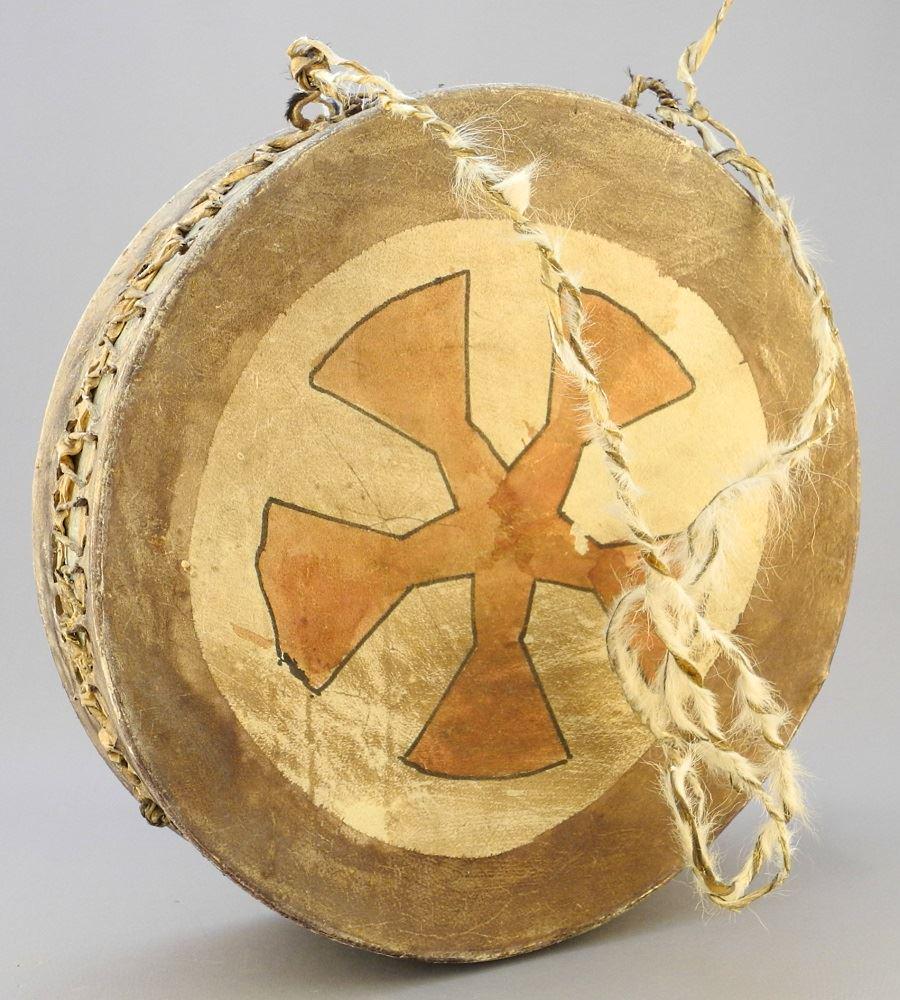 Hide & Sinew Drum with Polygonal Wheel Motif, 11" (1 of 4)