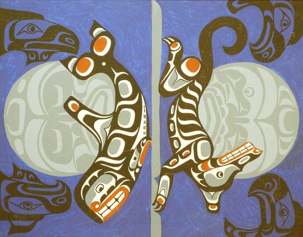 Acrylic on board signed Cecil Dawson verso, 22" x 28",: Acrylic on board signed Cecil Dawson verso, 22" x 28", "Wolf/ Killer Whale Reflection".