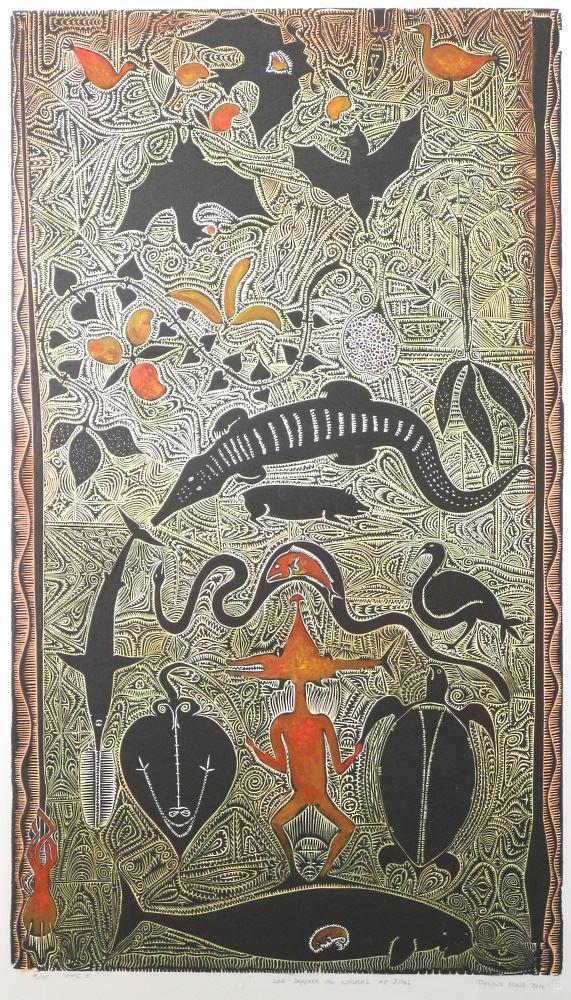 Linocut signed Dennis Nona 2000, 36 1/4" x 22", "Lag (1 of 5)