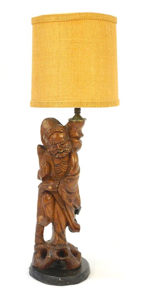Chinese Carved Hardwood Figural Table Lamp, 18 1/2" (1 of 5)