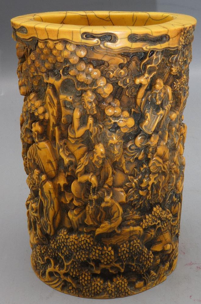 Souther Asian "Wisdom of Arhats" Scholar Brush Pot, 5": Souther Asian "Wisdom of Arhats" Scholar Brush Pot, 5" x 3 1/2".