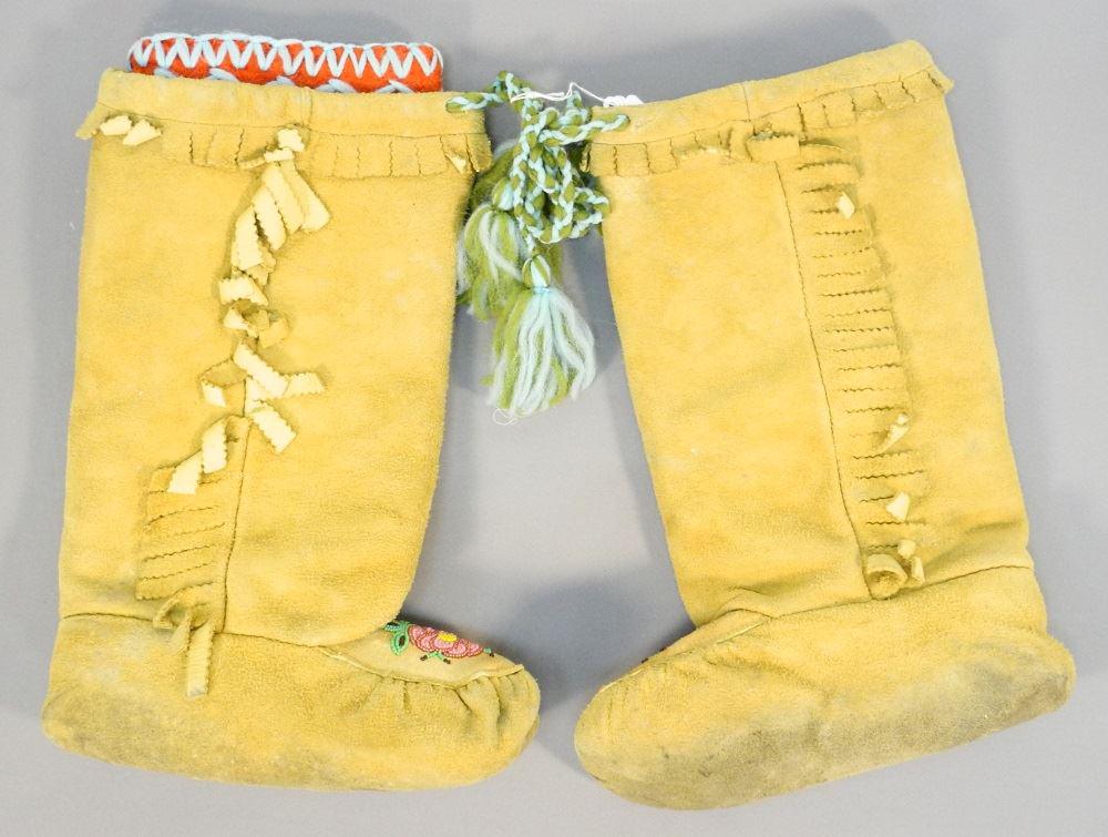 Pair of beaded tanned hide boots, 14 1/2" high. (1 of 3)