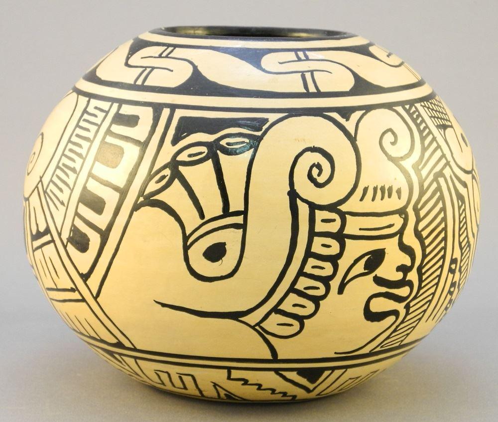 Mayan Design Pottery Vessel, Acquired in Guatamala, 4 5: Mayan Design Pottery Vessel, Acquired in Guatamala, 4 5 /8" high.