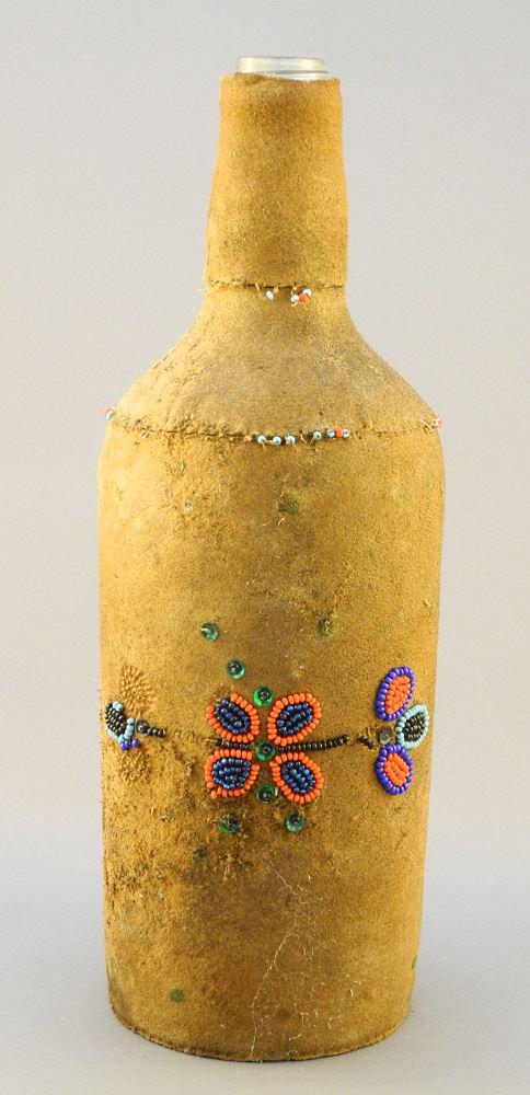 First Nations Leather Wrapped & Beaded Bottle, 11" (1 of 2)