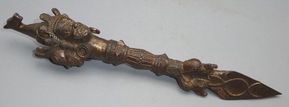 Nepal Gilt & Lacquered Ritual Phurba, 13 1/2" length.: Nepal Gilt & Lacquered Ritual Phurba, 13 1/2" length.