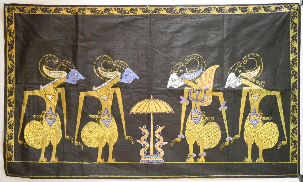 Indonesian Gilt Fabric Panel Depicting Puppets, 47" x: Indonesian Gilt Fabric Panel Depicting Puppets, 47" x 27 1/2".